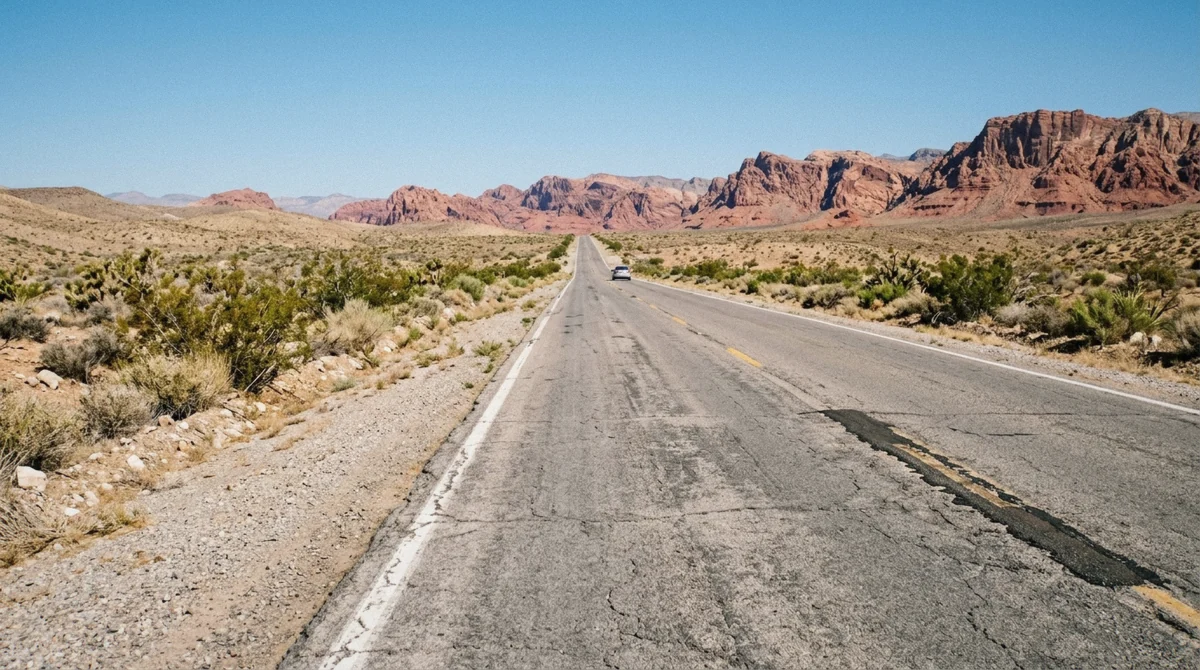 Desert highway heading north-east toward the park, the drive to get to Valley of Fire from Las Vegas, Nevada